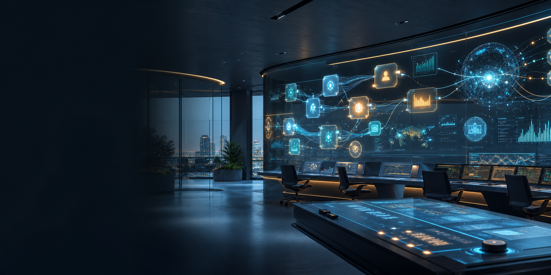 AI operations command workspace with connected workflow displays